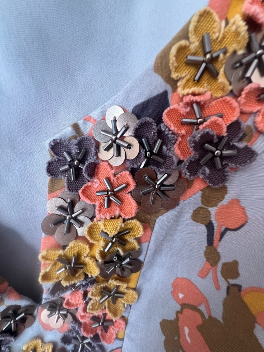 Boden Gray Floral-Print Midi Dress with Coral & Mustard Accents